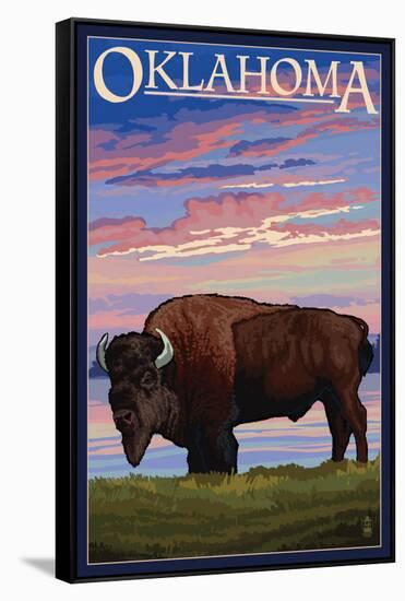 Oklahoma - Buffalo and Sunset-Lantern Press-Framed Stretched Canvas