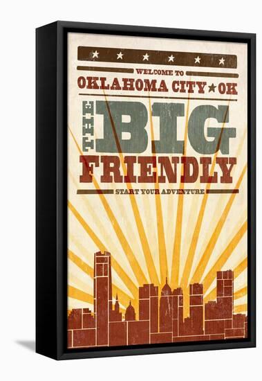 Oklahoma City, Oklahoma - Skyline and Sunburst Screenprint Style-Lantern Press-Framed Stretched Canvas