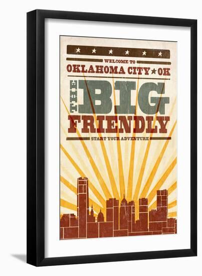 Oklahoma City, Oklahoma - Skyline and Sunburst Screenprint Style-Lantern Press-Framed Art Print