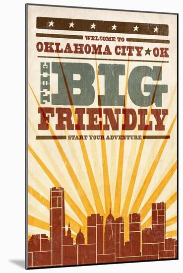 Oklahoma City, Oklahoma - Skyline and Sunburst Screenprint Style-Lantern Press-Mounted Art Print