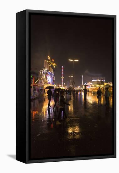 Oktoberfest 'Wiesn' by night, lights in the rain-Christine Meder stage-art.de-Framed Stretched Canvas