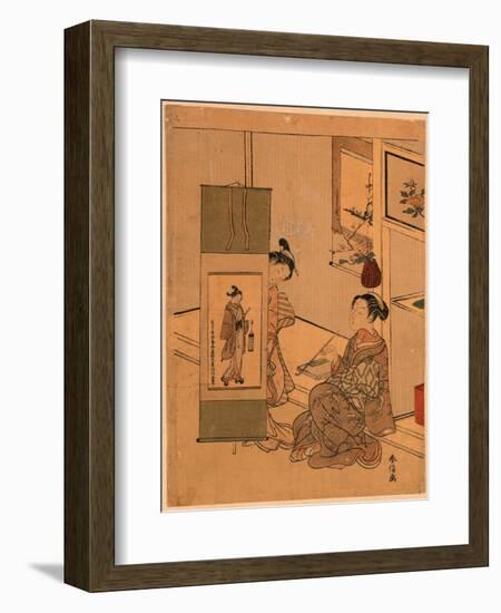 Okumura Masanobu No Kakejiku O Miru Yujo-Suzuki Harunobu-Framed Giclee Print