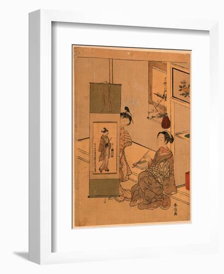 Okumura Masanobu No Kakejiku O Miru Yujo-Suzuki Harunobu-Framed Giclee Print