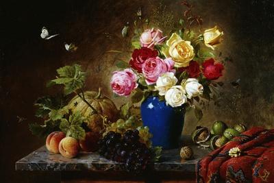 Roses in a Vase, Peaches, Nuts and a Melon on a Marbled Ledge