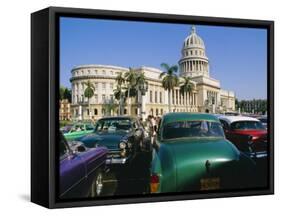 Old 1950s American Cars Outside El Capitolio Building, Havana, Cuba-Bruno Barbier-Framed Stretched Canvas