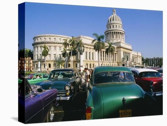 Old 1950s American Cars Outside El Capitolio Building, Havana, Cuba-Bruno Barbier-Stretched Canvas