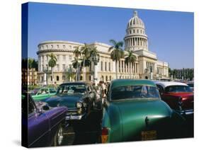 Old 1950s American Cars Outside El Capitolio Building, Havana, Cuba-Bruno Barbier-Stretched Canvas