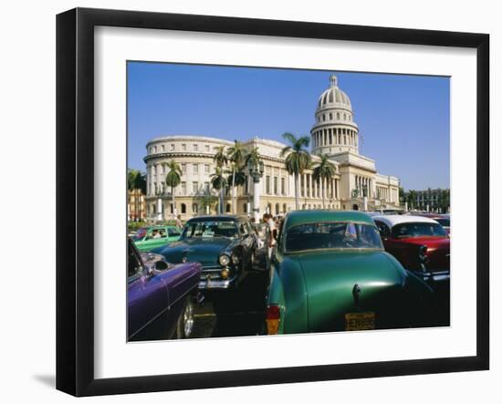 Old 1950s American Cars Outside El Capitolio Building, Havana, Cuba-Bruno Barbier-Framed Photographic Print