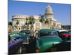 Old 1950s American Cars Outside El Capitolio Building, Havana, Cuba-Bruno Barbier-Mounted Photographic Print