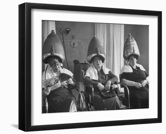Old Age Essay: Seniors under Dryers in Hair Salon-Alfred Eisenstaedt-Framed Photographic Print