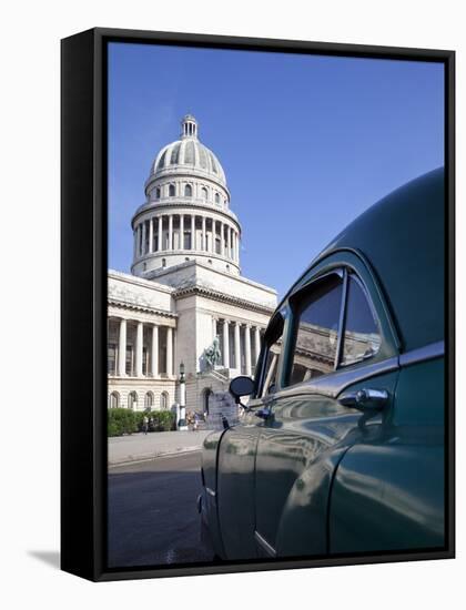 Old American Car Parked Near the Capitolio Building, Havana, Cuba, West Indies, Central America-Martin Child-Framed Stretched Canvas