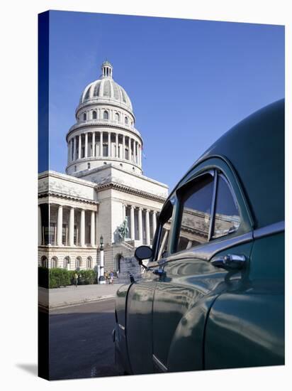 Old American Car Parked Near the Capitolio Building, Havana, Cuba, West Indies, Central America-Martin Child-Stretched Canvas