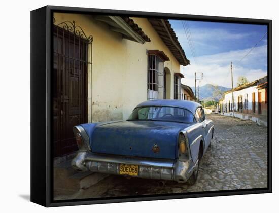 Old American Car Parked on Cobbled Street, Trinidad, Cuba, West Indies, Central America-Lee Frost-Framed Stretched Canvas