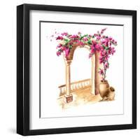 Old Architecture of the Mediterranean, North Africa or Morocco. Flowers of Bougainvillea. Hand Draw-Daria Ustiugova-Framed Art Print