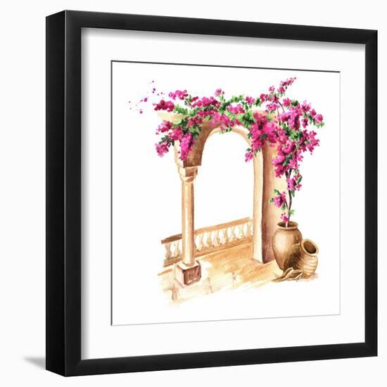 Old Architecture of the Mediterranean, North Africa or Morocco. Flowers of Bougainvillea. Hand Draw-Daria Ustiugova-Framed Art Print