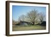 Old barn on a meadow with trees and the sun in autumn, back light-Axel Killian-Framed Photographic Print