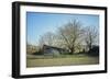 Old barn on a meadow with trees and the sun in autumn, back light-Axel Killian-Framed Photographic Print