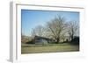 Old barn on a meadow with trees and the sun in autumn, back light-Axel Killian-Framed Photographic Print