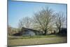 Old barn on a meadow with trees and the sun in autumn, back light-Axel Killian-Mounted Photographic Print