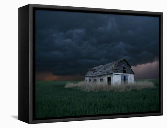 Old Barn Stands in a Wheat Field as a Thunderstorm Passes in the Distance Near Ogallah, Kansas-null-Framed Stretched Canvas