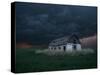 Old Barn Stands in a Wheat Field as a Thunderstorm Passes in the Distance Near Ogallah, Kansas-null-Stretched Canvas