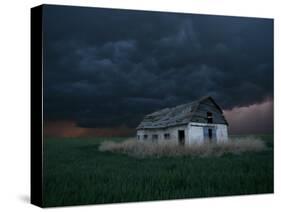 Old Barn Stands in a Wheat Field as a Thunderstorm Passes in the Distance Near Ogallah, Kansas-null-Stretched Canvas