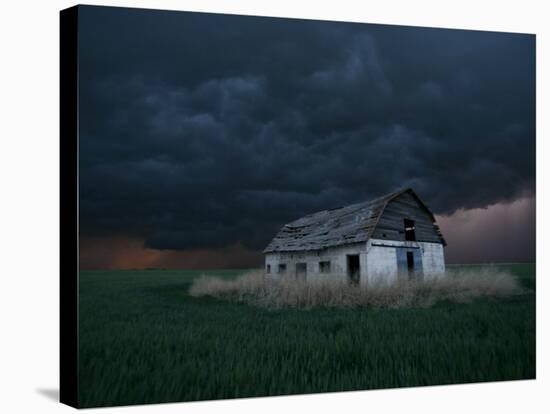 Old Barn Stands in a Wheat Field as a Thunderstorm Passes in the Distance Near Ogallah, Kansas-null-Stretched Canvas