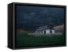 Old Barn Stands in a Wheat Field as a Thunderstorm Passes in the Distance Near Ogallah, Kansas-null-Framed Stretched Canvas