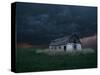 Old Barn Stands in a Wheat Field as a Thunderstorm Passes in the Distance Near Ogallah, Kansas-null-Stretched Canvas