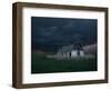 Old Barn Stands in a Wheat Field as a Thunderstorm Passes in the Distance Near Ogallah, Kansas-null-Framed Photographic Print