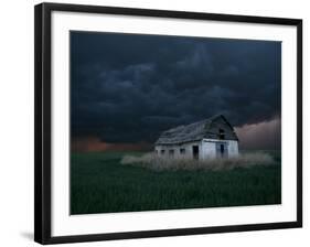 Old Barn Stands in a Wheat Field as a Thunderstorm Passes in the Distance Near Ogallah, Kansas-null-Framed Photographic Print