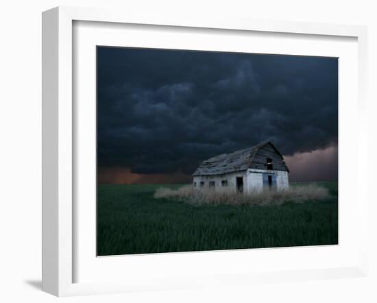 Old Barn Stands in a Wheat Field as a Thunderstorm Passes in the Distance Near Ogallah, Kansas-null-Framed Photographic Print