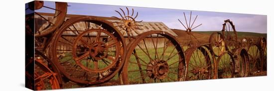 Old Barn with a Fence Made of Wheels, Palouse, Whitman County, Washington State, USA-null-Stretched Canvas