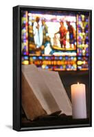 Old Bible and church candle, Carouge Protestant temple, Geneva, Switzerland-Godong-Framed Photographic Print
