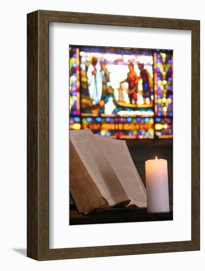 Old Bible and church candle, Carouge Protestant temple, Geneva, Switzerland-Godong-Framed Photographic Print