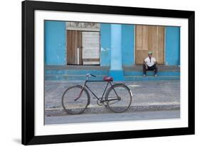 Old Bicycle Propped Up Outside Old Building with Local Man on Steps-Lee Frost-Framed Photographic Print