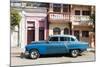 Old blue American car parked in front of old buildings, Cienfuegos, Cuba-Ed Hasler-Mounted Photographic Print