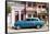 Old blue American car parked in front of old buildings, Cienfuegos, Cuba-Ed Hasler-Framed Stretched Canvas