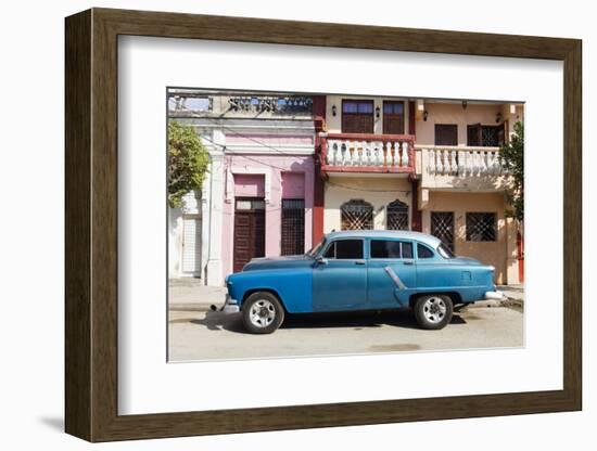 Old blue American car parked in front of old buildings, Cienfuegos, Cuba-Ed Hasler-Framed Photographic Print