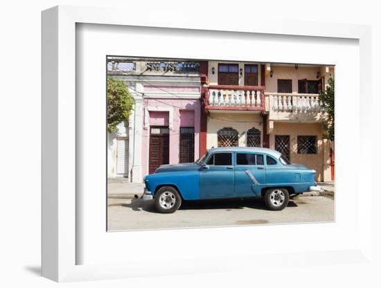 Old blue American car parked in front of old buildings, Cienfuegos, Cuba-Ed Hasler-Framed Photographic Print