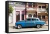 Old blue American car parked in front of old buildings, Cienfuegos, Cuba-Ed Hasler-Framed Stretched Canvas