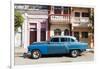 Old blue American car parked in front of old buildings, Cienfuegos, Cuba-Ed Hasler-Framed Photographic Print