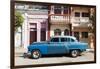 Old blue American car parked in front of old buildings, Cienfuegos, Cuba-Ed Hasler-Framed Photographic Print