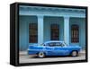 Old Blue American Car With Body Repairs Parked in Front of Blue Dispensary, Havana Centro, Cuba-Lee Frost-Framed Stretched Canvas