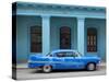 Old Blue American Car With Body Repairs Parked in Front of Blue Dispensary, Havana Centro, Cuba-Lee Frost-Stretched Canvas