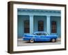 Old Blue American Car With Body Repairs Parked in Front of Blue Dispensary, Havana Centro, Cuba-Lee Frost-Framed Photographic Print