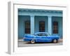 Old Blue American Car With Body Repairs Parked in Front of Blue Dispensary, Havana Centro, Cuba-Lee Frost-Framed Photographic Print