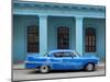 Old Blue American Car With Body Repairs Parked in Front of Blue Dispensary, Havana Centro, Cuba-Lee Frost-Mounted Photographic Print