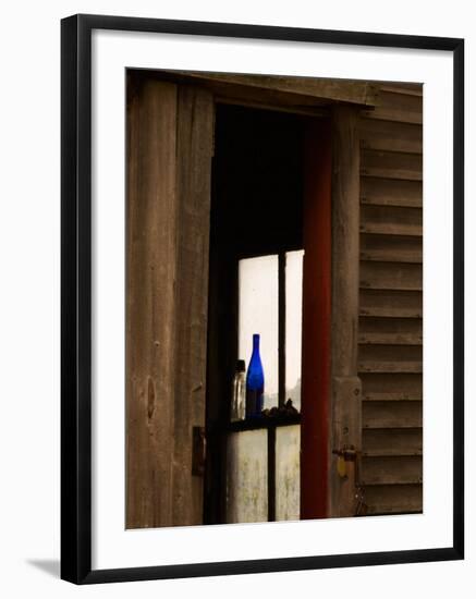 Old Blue Bottle in Window of Barn in Rural New England, Maine, USA-Joanne Wells-Framed Photographic Print