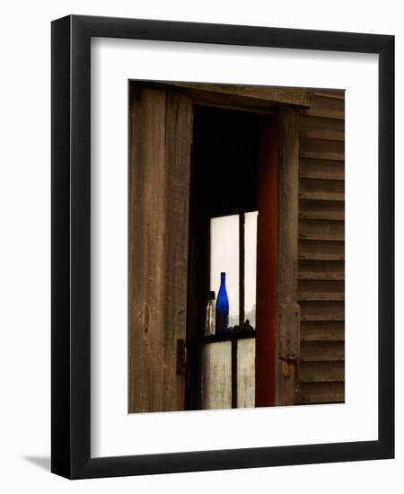 Old Blue Bottle in Window of Barn in Rural New England, Maine, USA-Joanne Wells-Framed Premium Photographic Print
